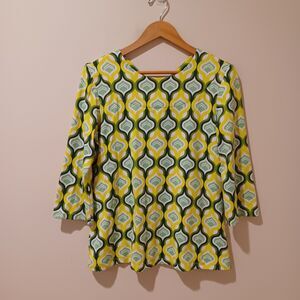 J McLaughlin Catalina Cloth Geometric Green/Yellow Abstract Print Top M Retro